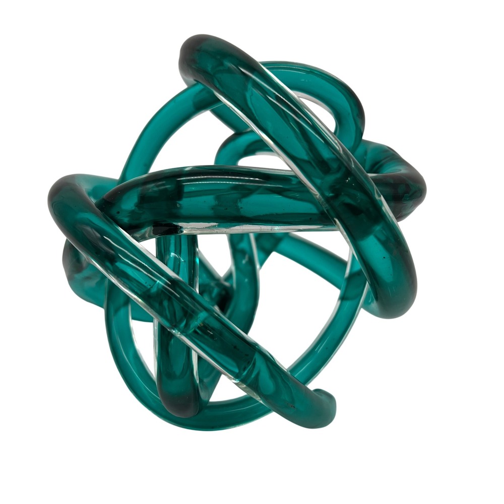 Abstract Art Glass Knot Sculpture Teal Blue Green Hand Blown Modern 6in Decor